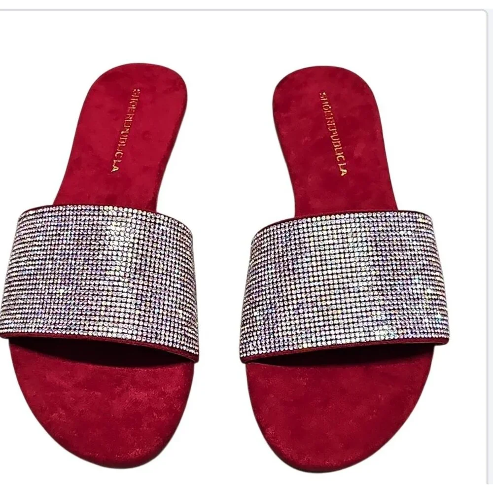Womens Wine Rhinestone Flat Slide Sandals